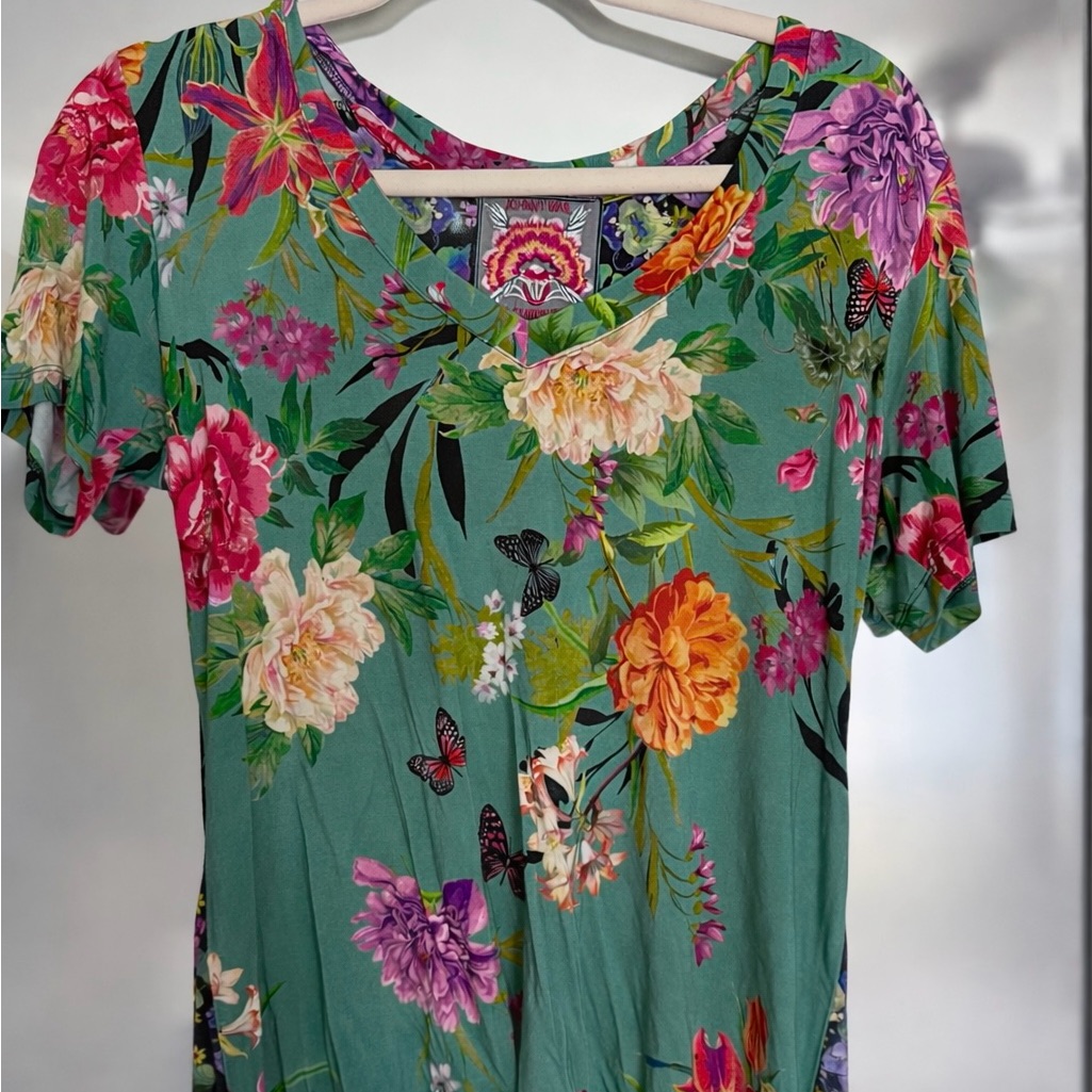 Johnny Was Teal Floral Scoop Neck Short Sleeve Top